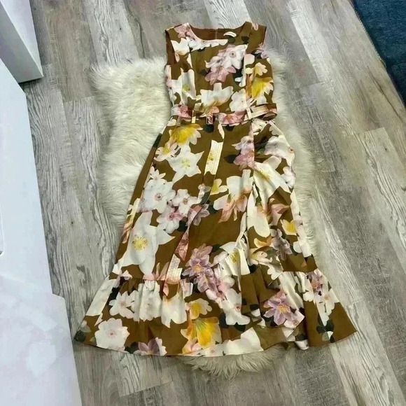 Calvin Klein Women Floral Printed Ruffled,Hem Dress, Tan Wheat Sz 6 - Picture 9 of 10